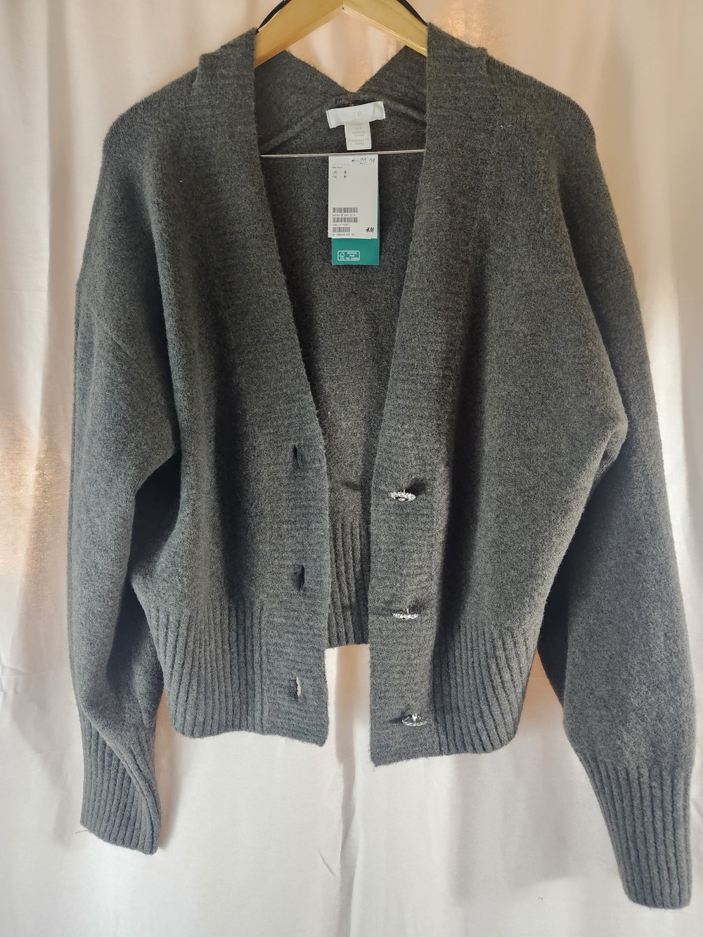 H&M Women’s S Gray Knit Solid V-Neck Button Cardigan Long Sleeve Sweater